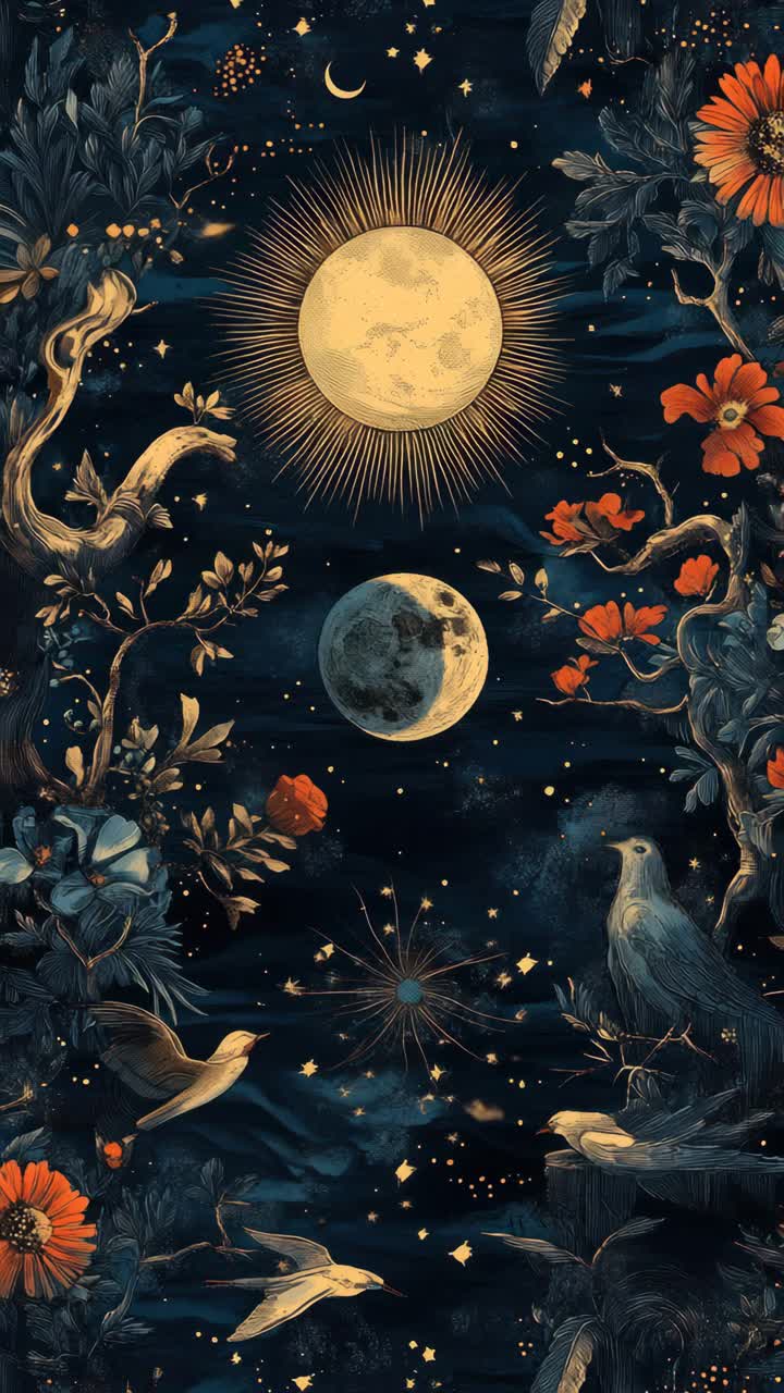 Aerial view of a mystical night scene with celestial elements and birds