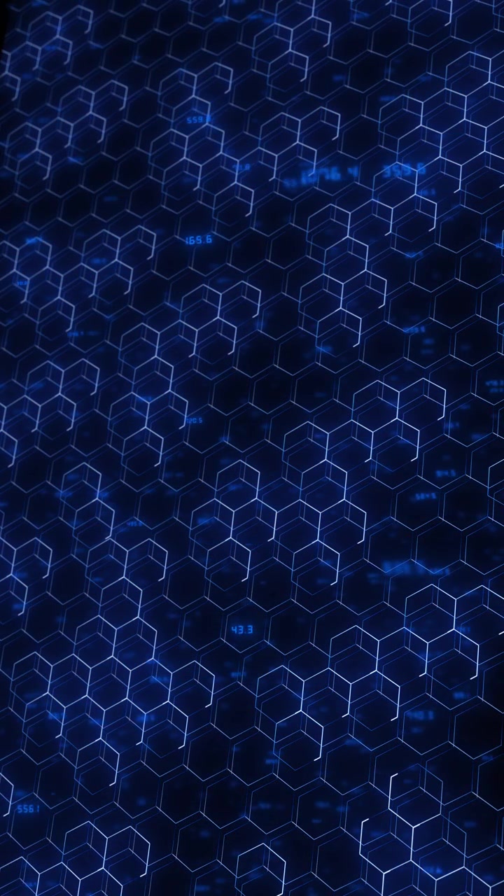 Blue hexagon technology network background glowing honeycomb cells data numbers digital depth