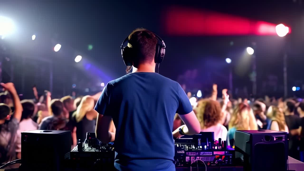 A DJ standing at the console, wearing large headphones as they focus on mixing tracks.
