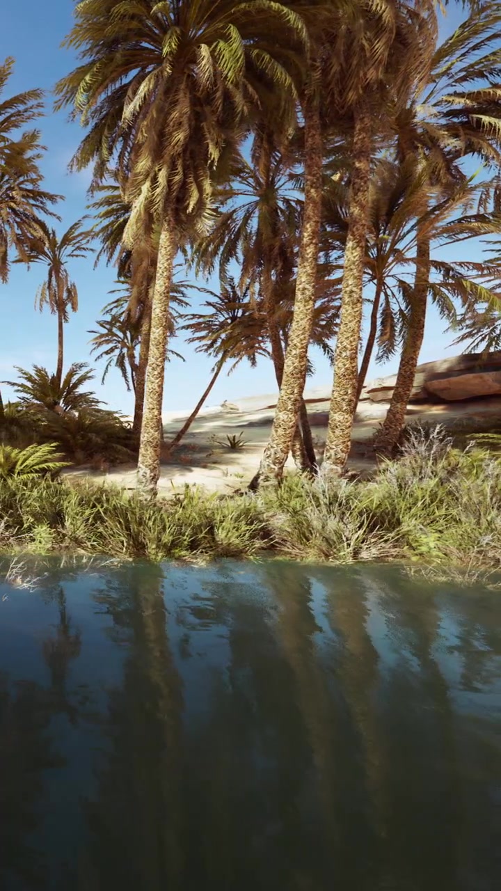 Palme lungo un fiume in un paesaggio soleggiato con cielo blu e riflessi