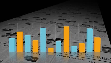 Blue-and-yellow-graphs-moving-on-newspaper-background