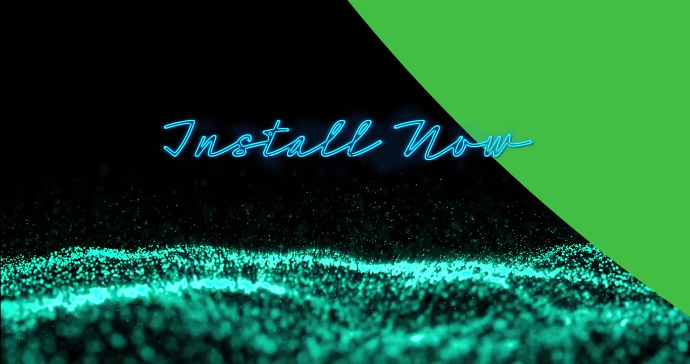 Install Now Text Overlay with Animated Teal Particle Wave