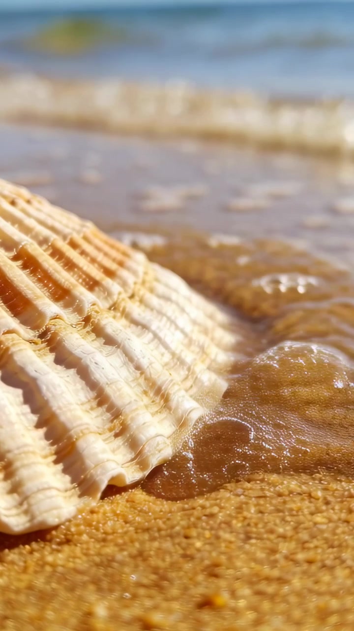 Vertical video: Incoming wave lapping scallop seashell at waterline, retreating and leaving foam