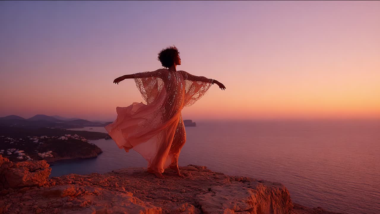 A Graceful Dancer Embraces Nature's Beauty at Sunset, Capturing the Essence of Freedom and Serenity on a Stunning Coastal Cliffside Overlooking the Ocean
