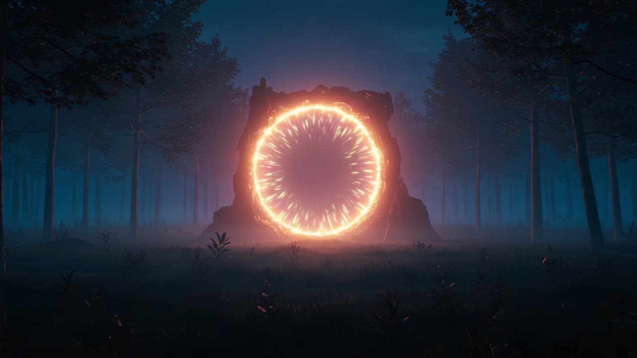 Mysterious Portal Illuminated by Fiery Glow in Enchanted Forest Setting, Surrounded by Lush Trees and Ethereal Fog Capturing an Otherworldly Atmosphere