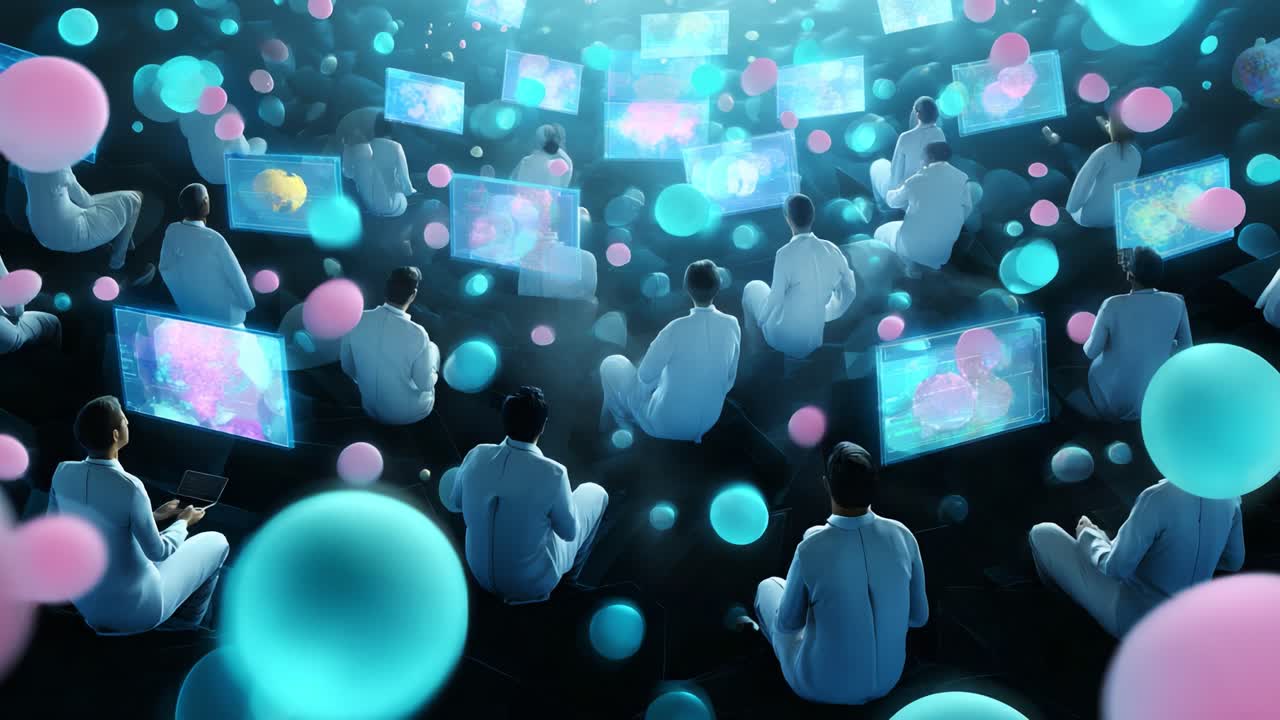 In a futuristic digital environment, individuals wear white lab coats as they engage with floating holographic displays and colorful spheres, emphasizing the blend of technology and learning