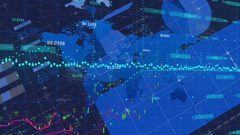 global financial data and stock market trends over world map animation
