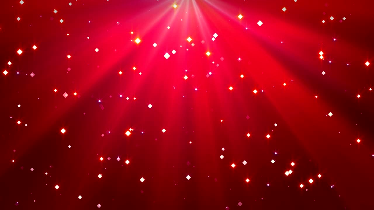 빨간색 메리 크리스마스 배경에 떨어지는 콘페티와 빛의 광선.