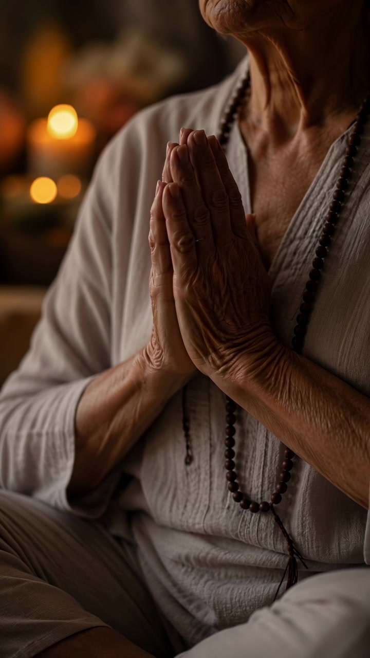 Hands remain pressed together in a calm prayer gesture as seated figure stays still, with dark beads draped over light fabric and amber candle glow softly filling background.