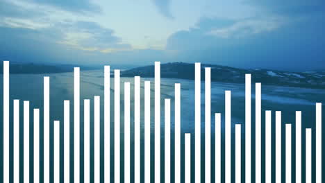 bar graph animation over serene landscape with mountains and water