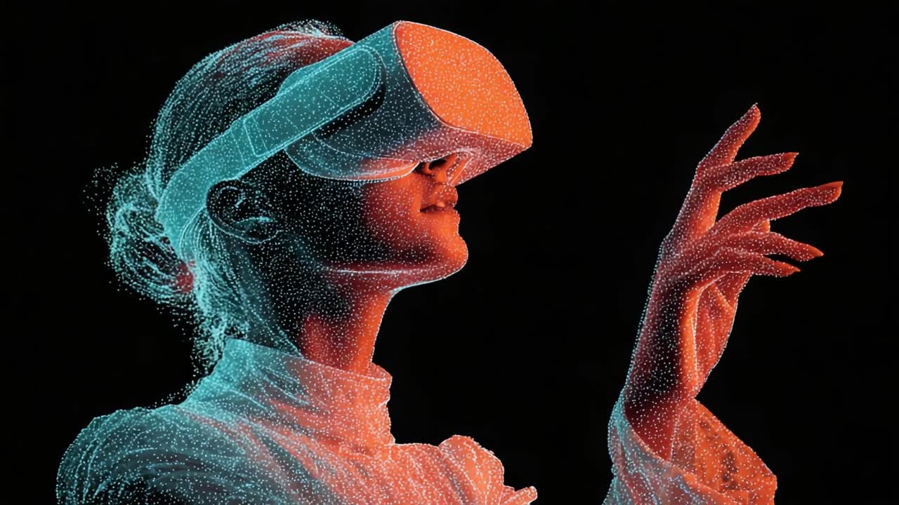A Woman Immersed in Virtual Reality: Exploring Digital Worlds with a Cutting-Edge Headset and Intuitive Hand Movements in a Vividly Colored Environment