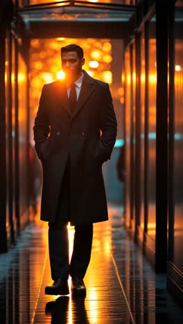 elegant man walks through a lit urban alleyway at dusk