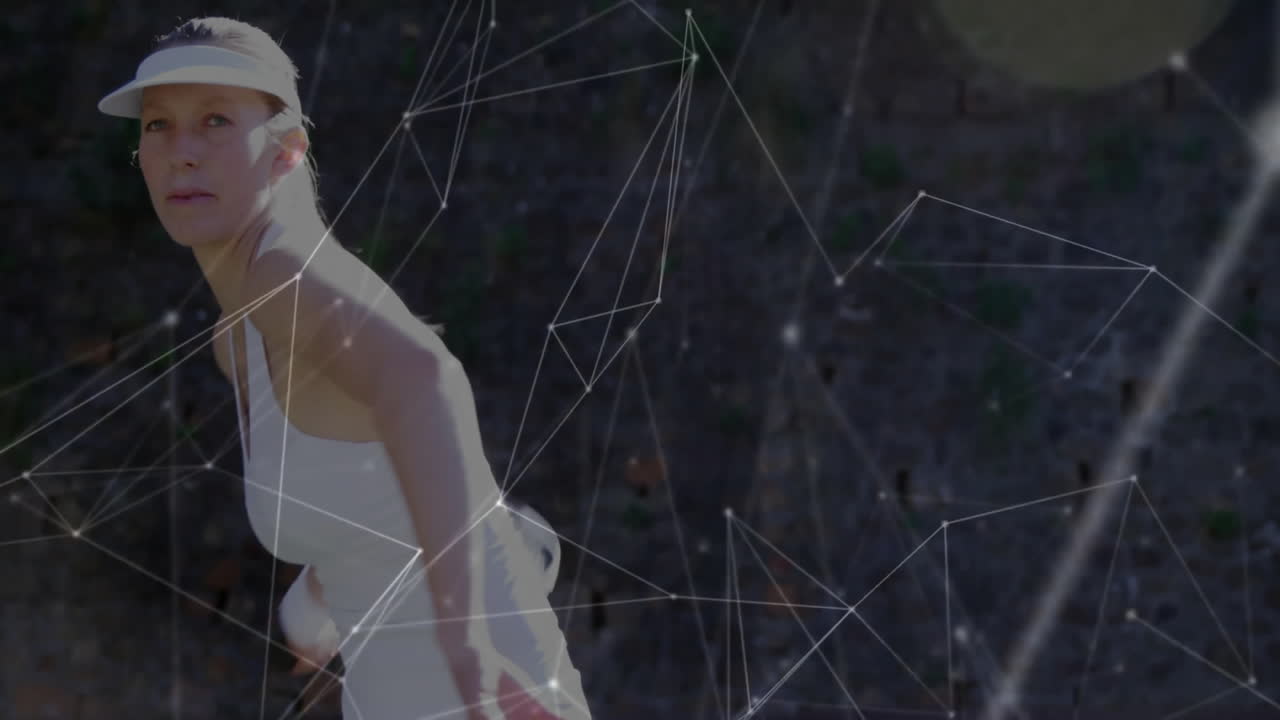 Female tennis player swinging racket outdoors, visualizing sports analytics network graphic overlay