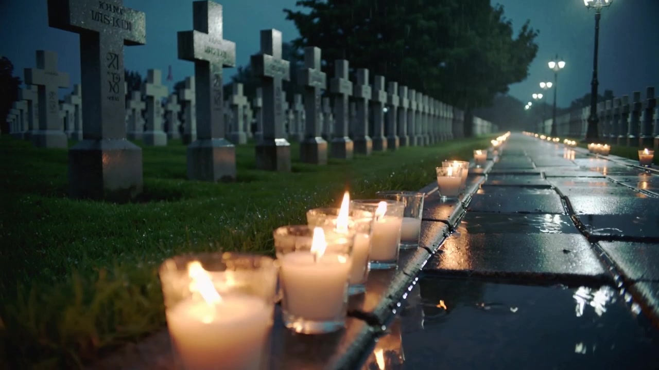 Камера показывает зажженные свечи вдоль мемориальной дорожки, в память о павших среди рядов крестов.