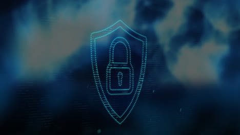 Animation-of-light-spots-moving-over-security-padlock-icon-against-blue-glowing-digital-waves