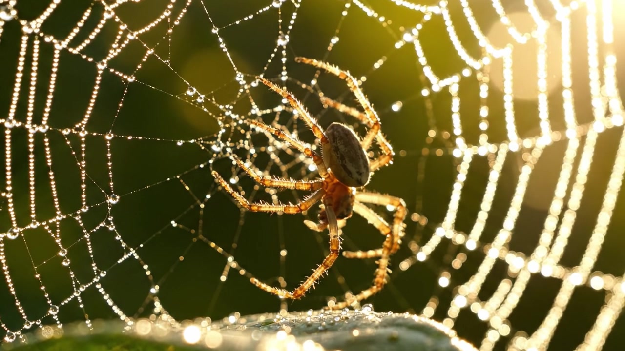 Un ragno magnifico all'alba: la ragnatela intricata che luccica con gocce di rugiada riflettendo la soffice luce del mattino, catturando l'arte e la precisione della natura in movimento.