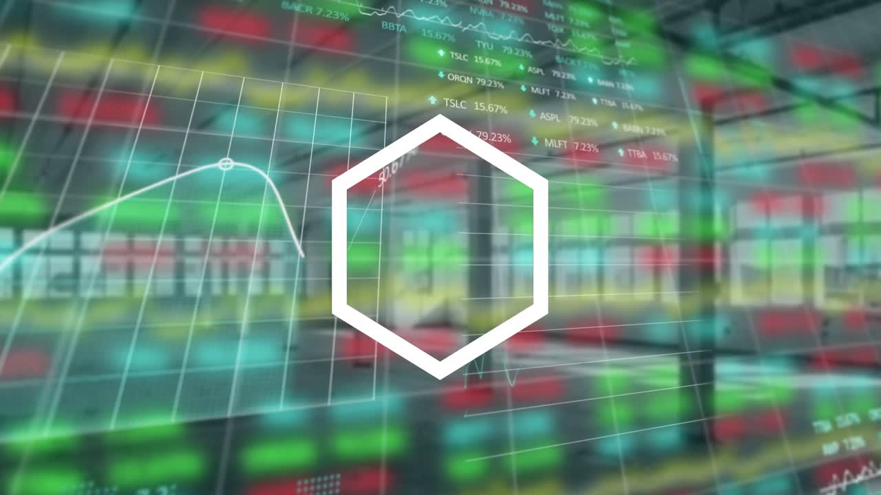 빈 산업 내부에서 육각형 회전과 금융 데이터 처리의 애니메이션