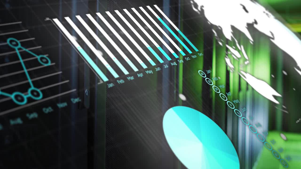 Camera panning server rack corridor, fading bar chart animating monthly bars for data visualization