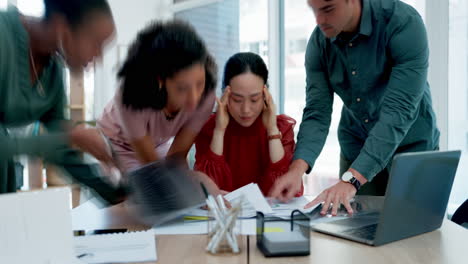 asian woman, stress and overwhelmed with documents