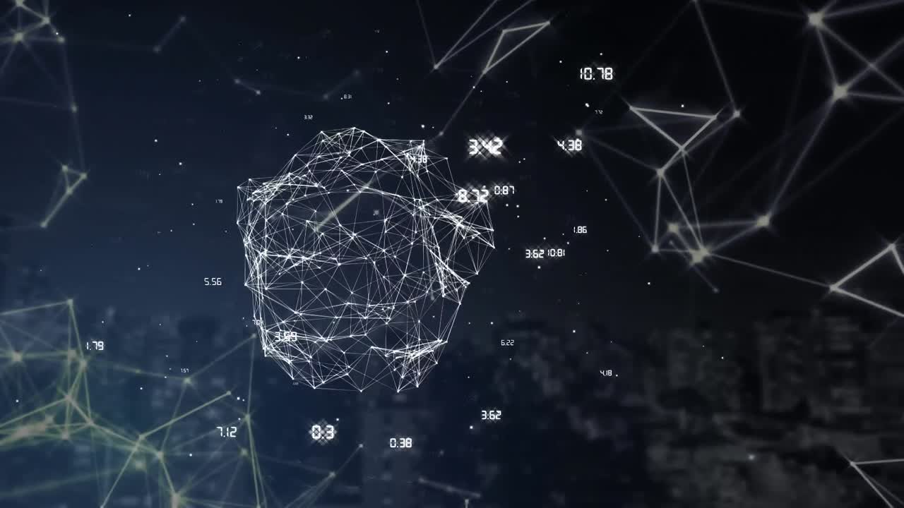 Globe formed with network of connections spinning with data processing over cityscape in the backgro