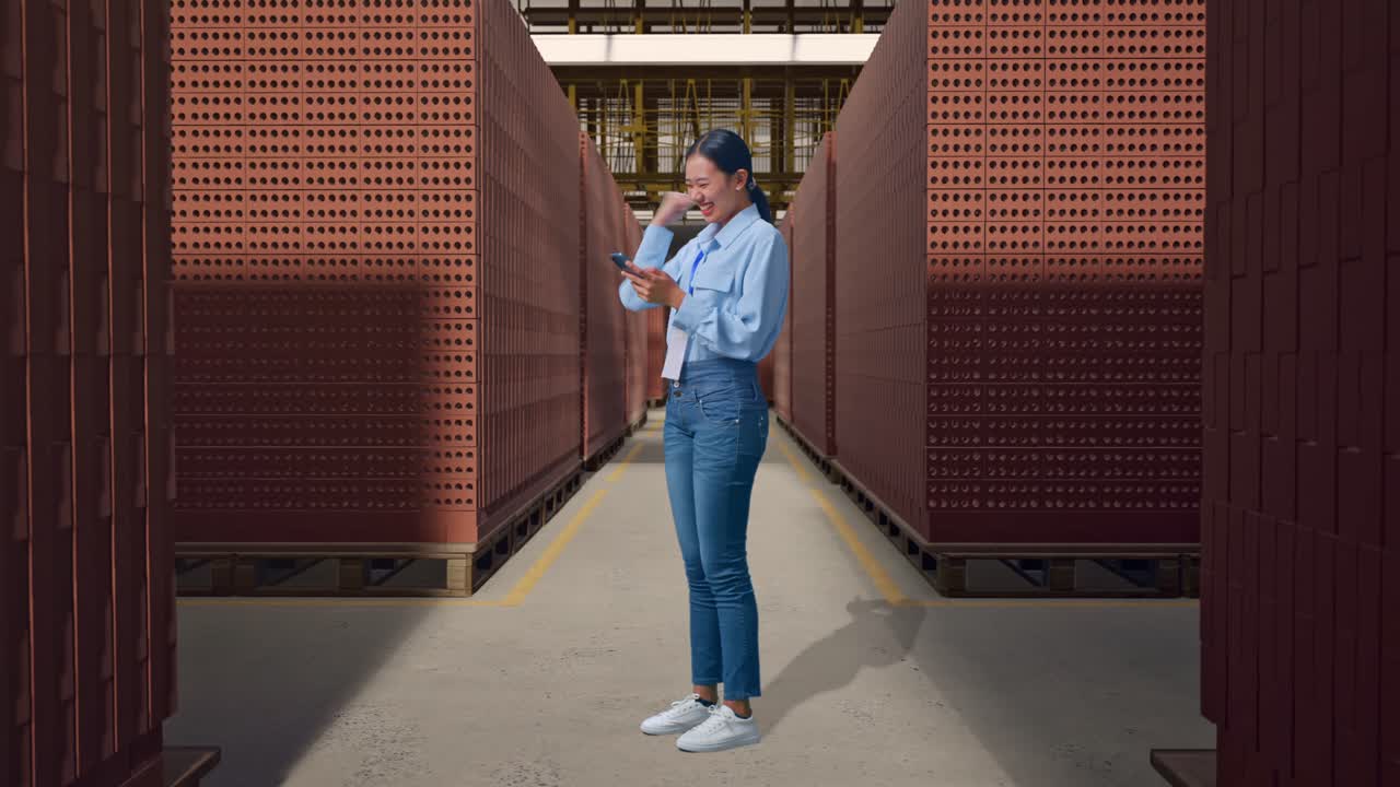 Full Body Side View Of Asian Female With Her Phone With Red Brick Packed in Stacks Are Stored, She Raises Her Fist Up With Screaming Goal