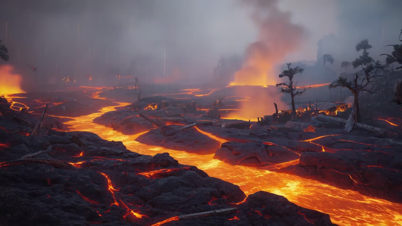 paisaje volcánico con flujo de lava