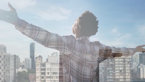 Animation-of-cityscape-over-african-american-woman-with-arms-outstretched