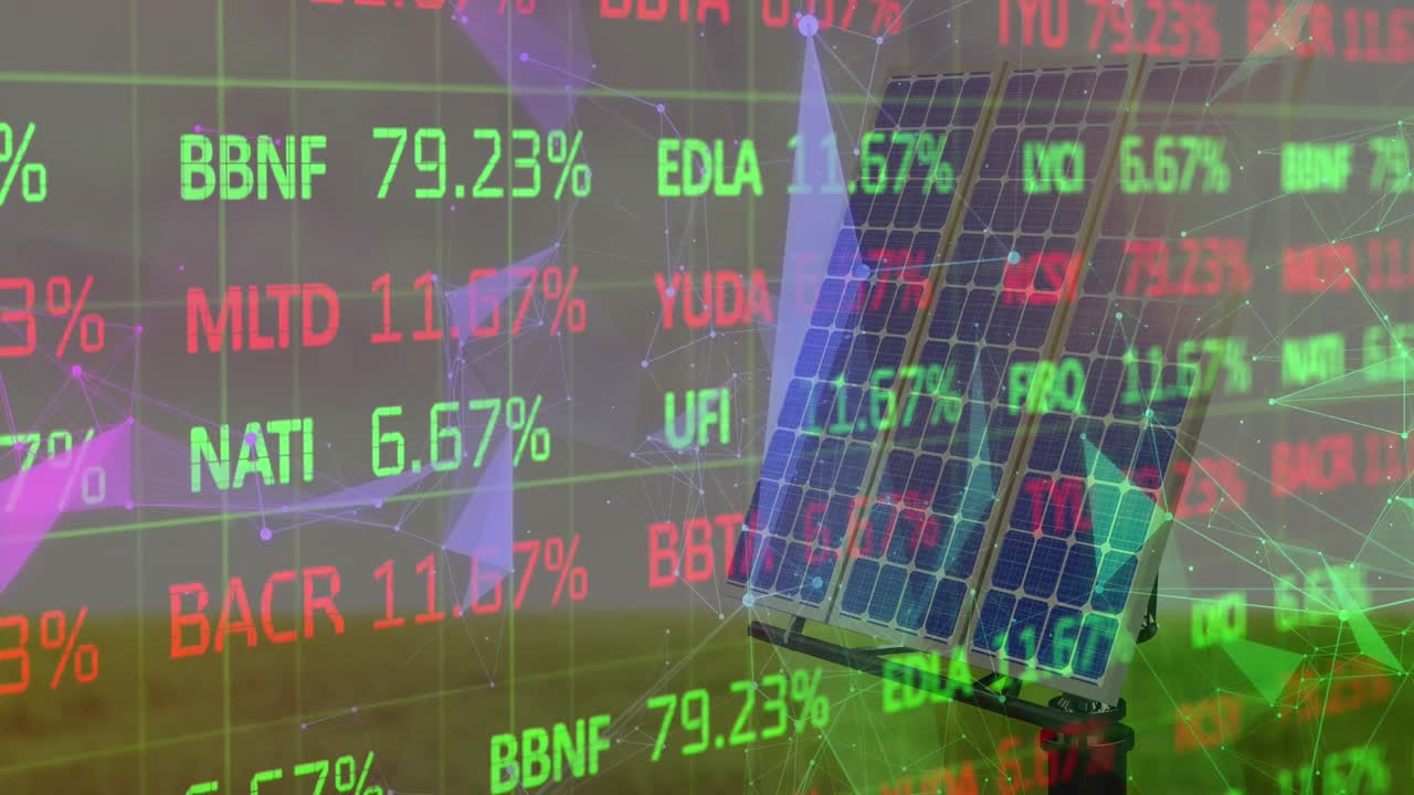 태양열 패널 위의 금융 데이터와 그래프의 애니메이션