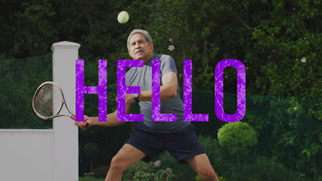 senior man swinging racket on yard tennis court, illustrating health tech with purple hello overlay