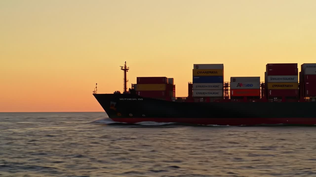 A Majestic Container Ship Navigates the Serene Horizon at Sunset, Showcasing the Calm Beauty of Ocean Transport and Maritime Industry Operations