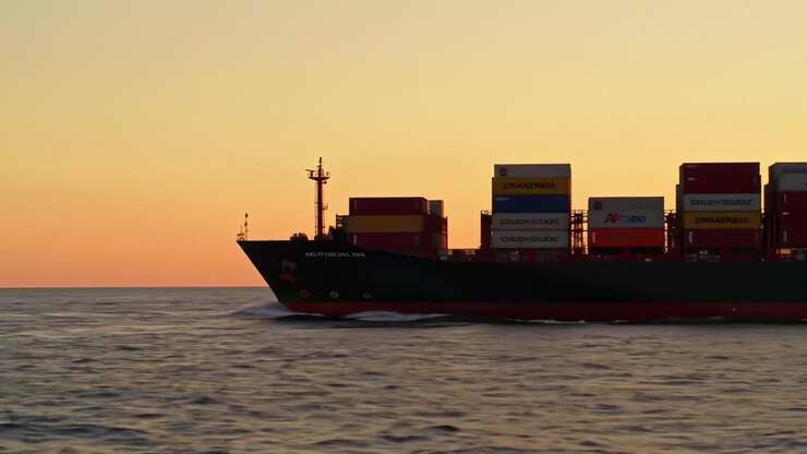 A Majestic Container Ship Navigates the Serene Horizon at Sunset, Showcasing the Calm Beauty of Ocean Transport and Maritime Industry Operations