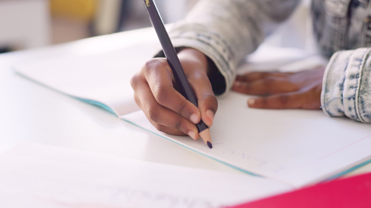 Hands, kid and writing in book