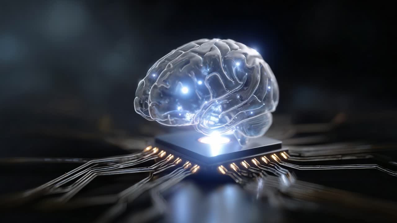 A digital representation of a transparent brain resting on a microchip, symbolizing the fusion of artificial intelligence and human cognition in modern technology