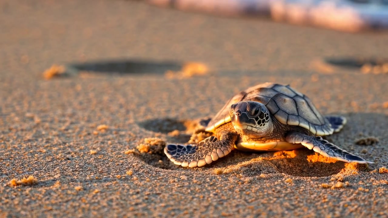 Gün Batımında Kumlu Bir Plajda Yeni Doğan Deniz Kaplumbağası Yavrusu