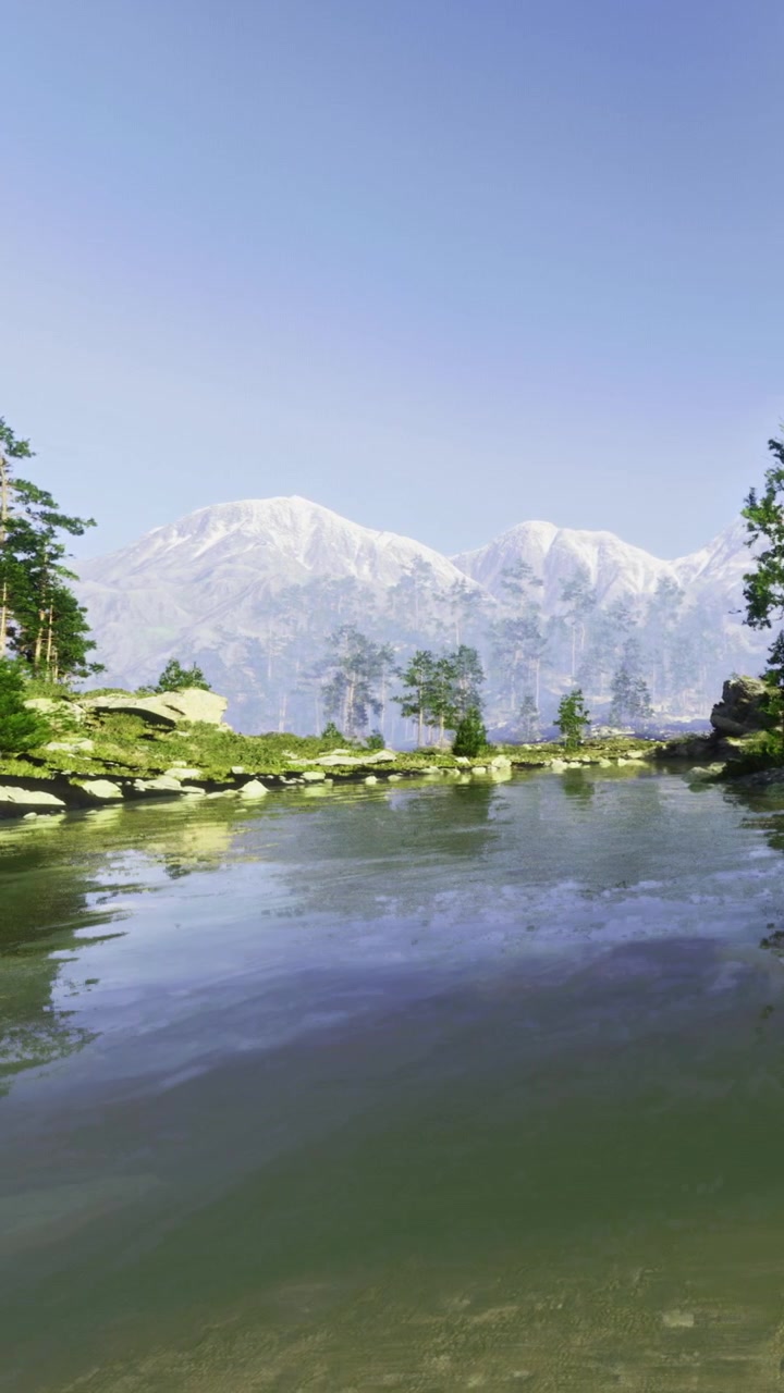 Pemandangan indah gunung dan sungai di bawah langit cerah di alam