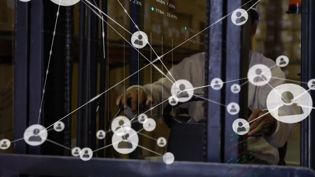 창고에서 아프리카계 미국인 노동자에 대한 연결 네트워크의 애니메이션