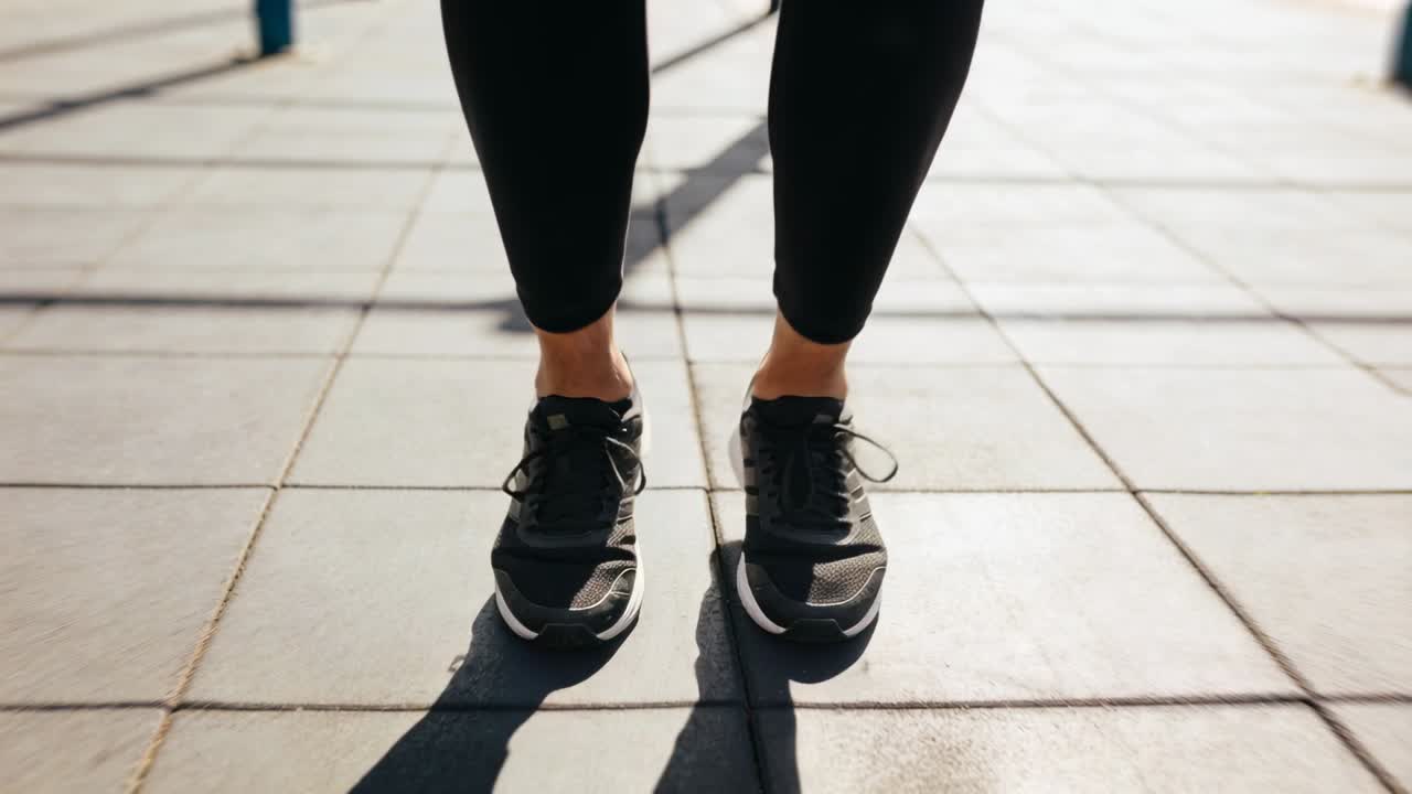 Legs and feet in leggings skipping at park as jump rope passing under feet for fitness