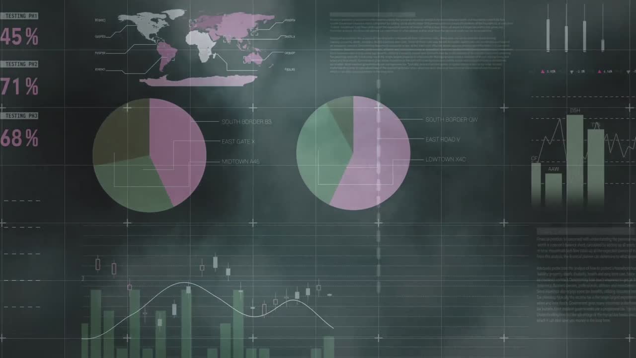 video compuesto del procesamiento de datos estadísticos contra nubes en el cielo oscuro