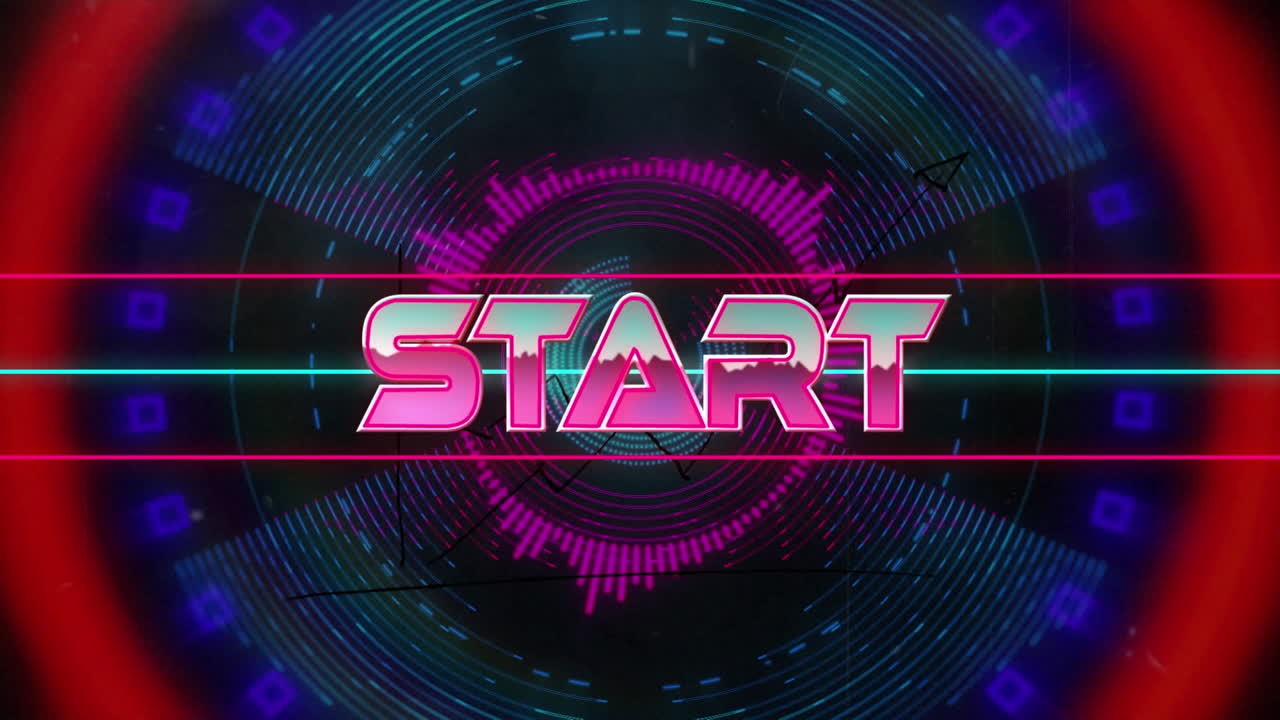 Animation of start text over neon lines on dark background