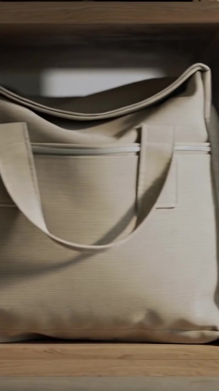 Video verticale: Telecamera che panoramica, portando avanti una borsa tote in tela color cuoio sulla sinistra in un vano di legno, mostrando la cerniera.