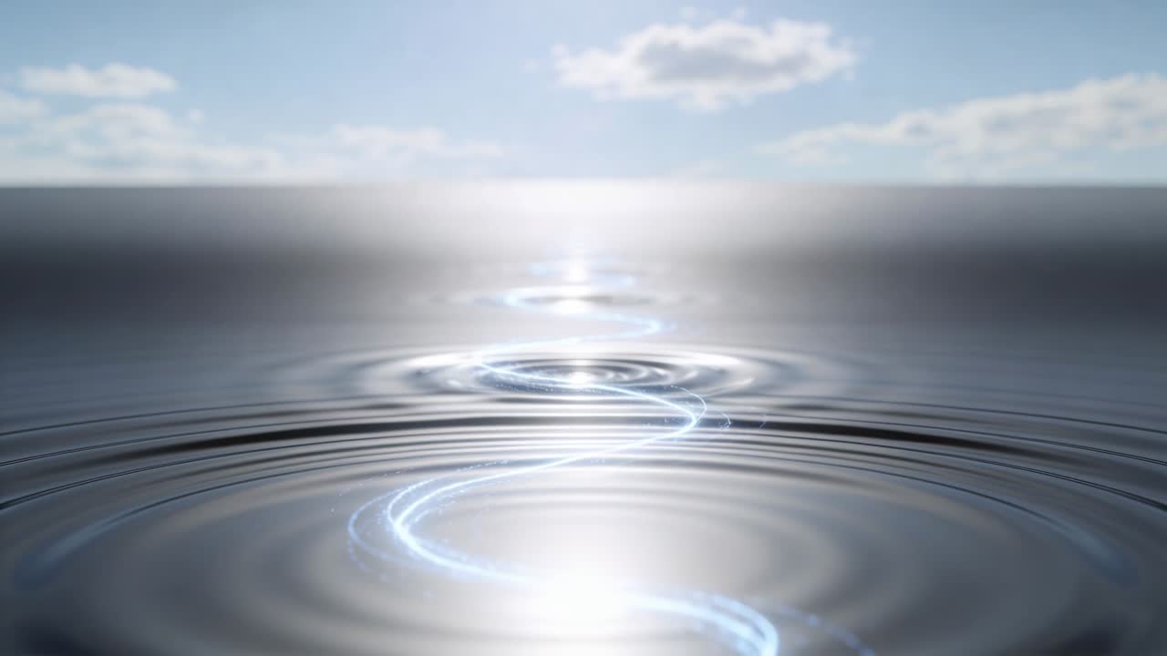 Un percorso di luce blu-bianca in movimento crea increspature concentriche sull'acqua riflettente, proveniente da un orizzonte luminoso.