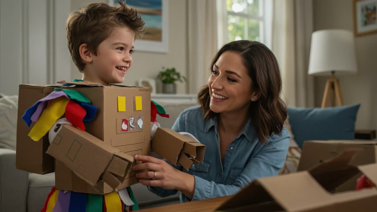 A Heartwarming Moment of Creativity: A Child Dressed as a Colorful Robot Enjoying Quality Time with Their Caring Mother in a Warm Living Room Setting
