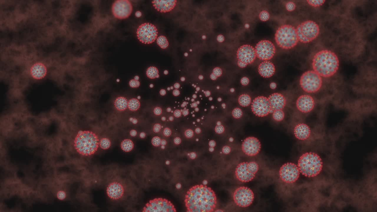 células de coronavirus covid-19 enfermedad infecciosa en fondo negro. rápida transmisión de la enfermedad. alta concentración de coronavirus. bucle de renderización 3d 4k