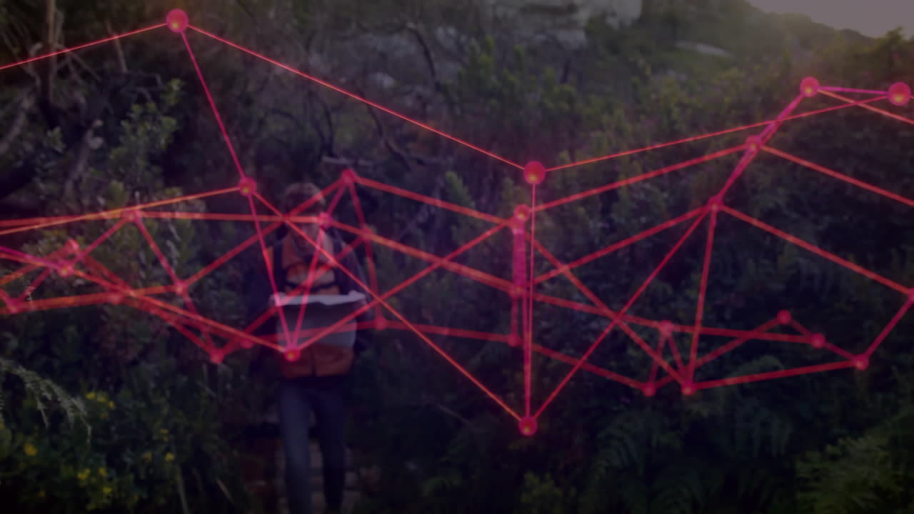 man holding map navigating forest path, with neon network overlay visualizing mapping technology