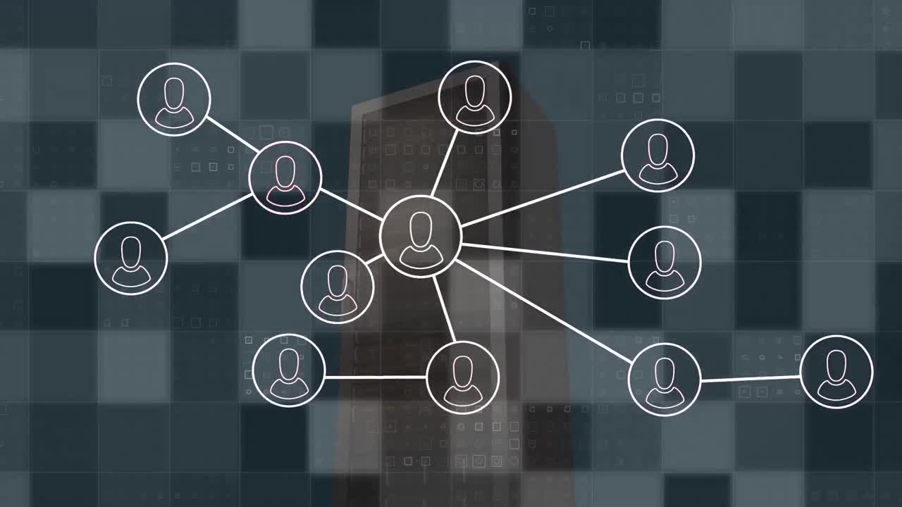 서버를 통해 사람 아이콘과 연결 네트워크의 애니메이션