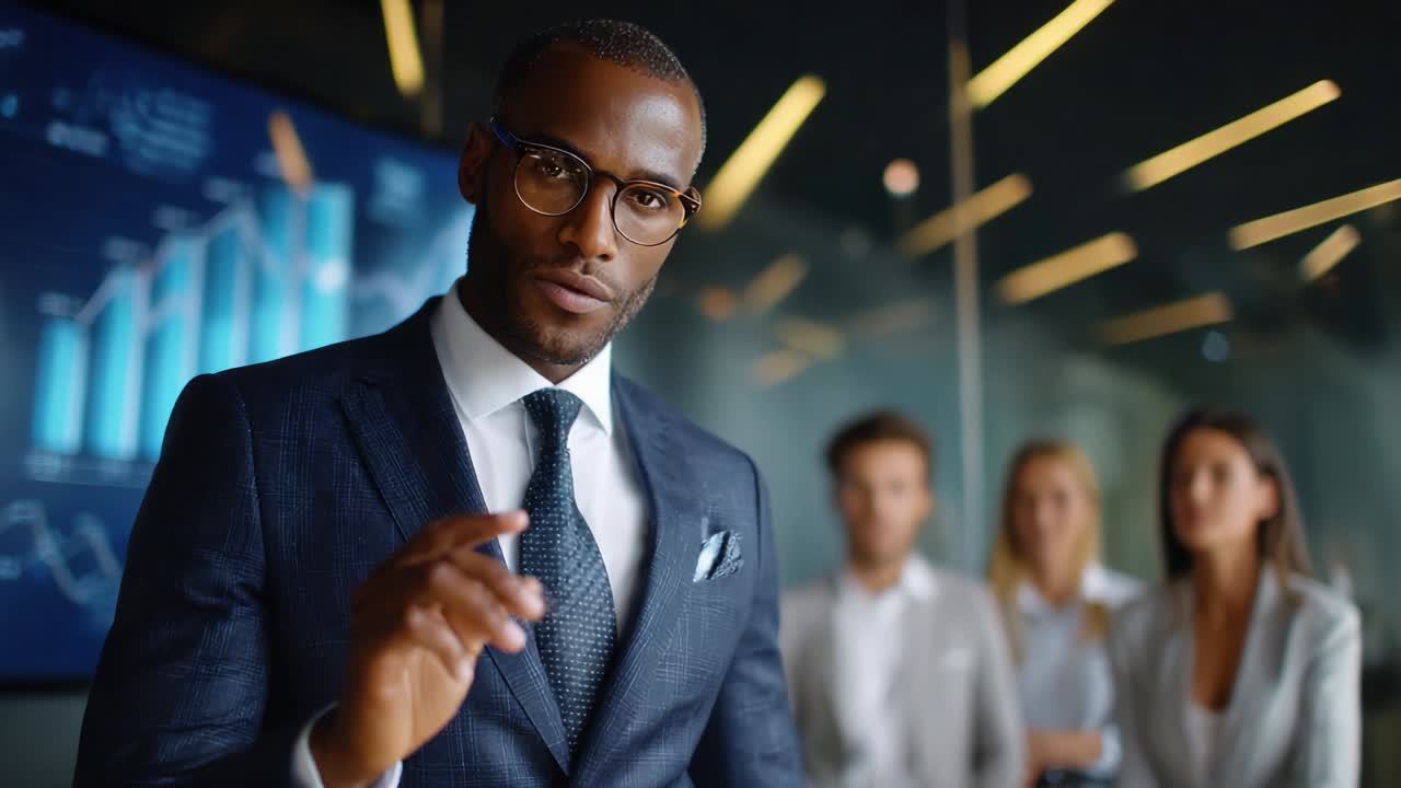 A Confident Business Leader Addresses His Team in a Modern Conference Room, Displaying Professionalism and Leadership Amidst Visual Data Representations in an Engaging Corporate Environment