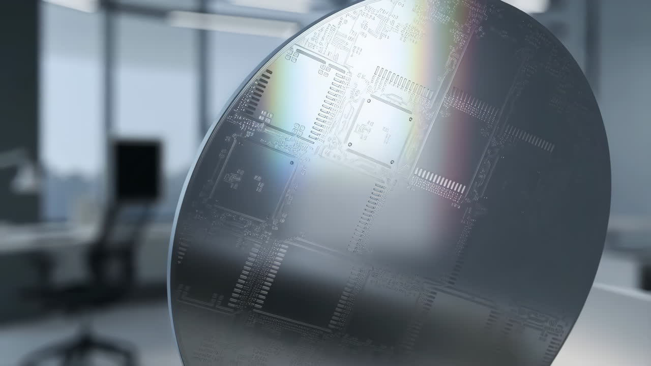 Close-up of a silicon wafer with integrated circuits in an office setting
