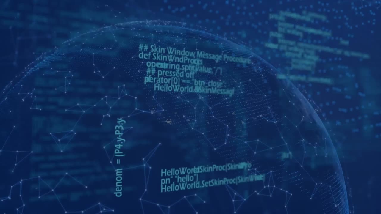 Animation of computer language and connected dots on rotating globe over abstract background