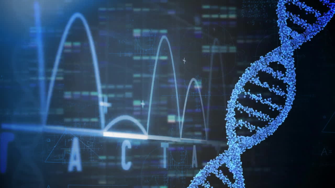 Animation of dna strand, data processing over dark background
