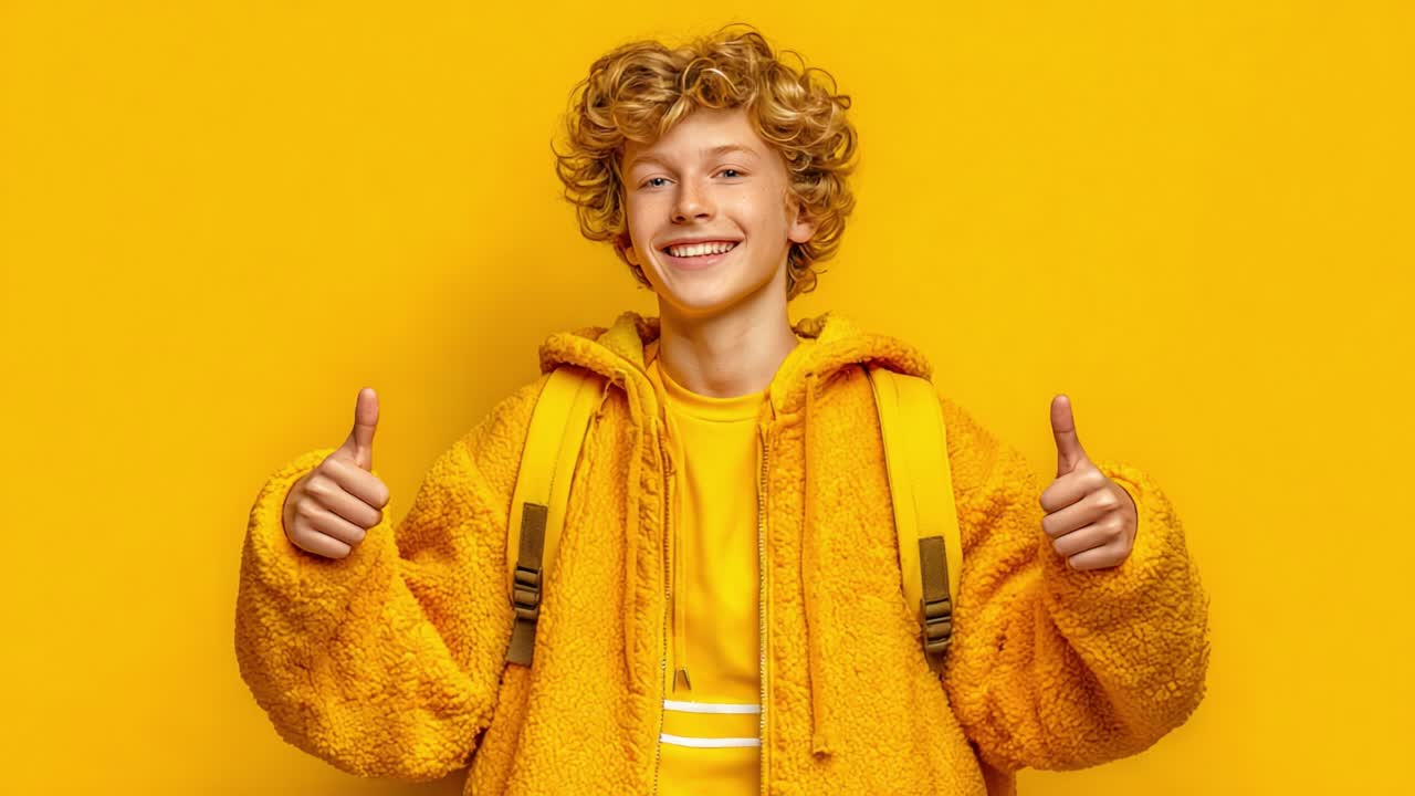 Cheerful Boy in Yellow Hoodie Gives Thumbs Up Against Bright Yellow Background, Exuding Happiness and Confidence in a Vibrant and Fun Atmosphere